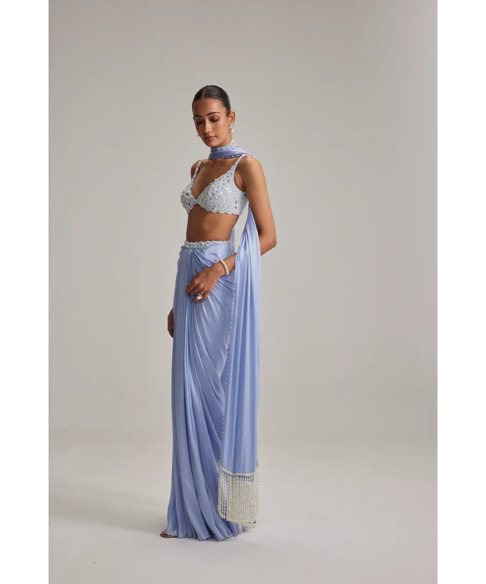 VVANI VATS- Dew Blue Satin Draped Skirt Set